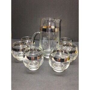 Bar Pitcher 16 Oz. & 6 Roly Poly Glasses 4 Oz. Platinum Stripes Signed Excellent